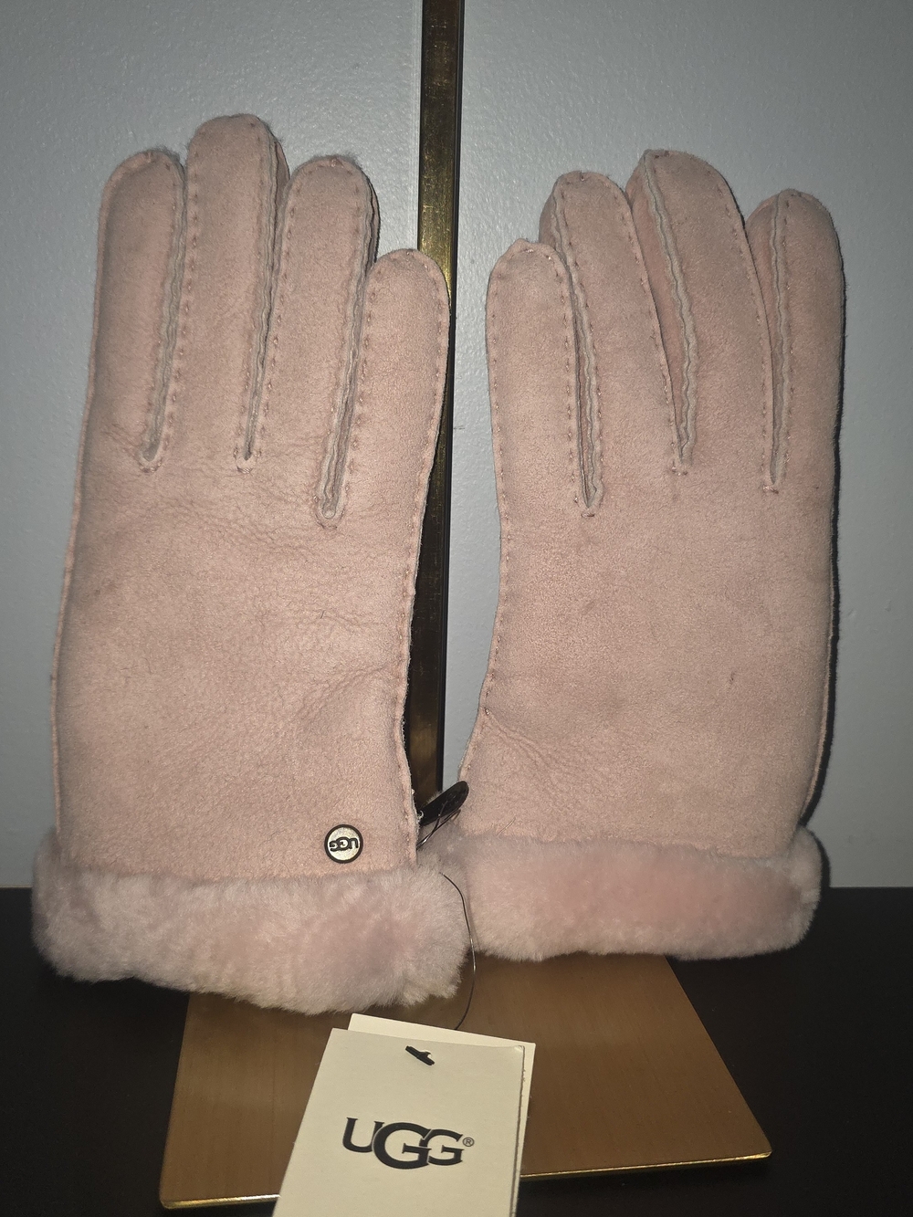 UGG Women's Pink Shearling Lined Suede Gloves